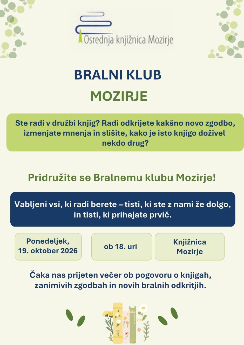 Vabilo na Bralni klub Mozirje