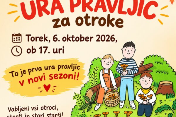 Povabilo na uro pravljic v Knjižnico Mozirje.