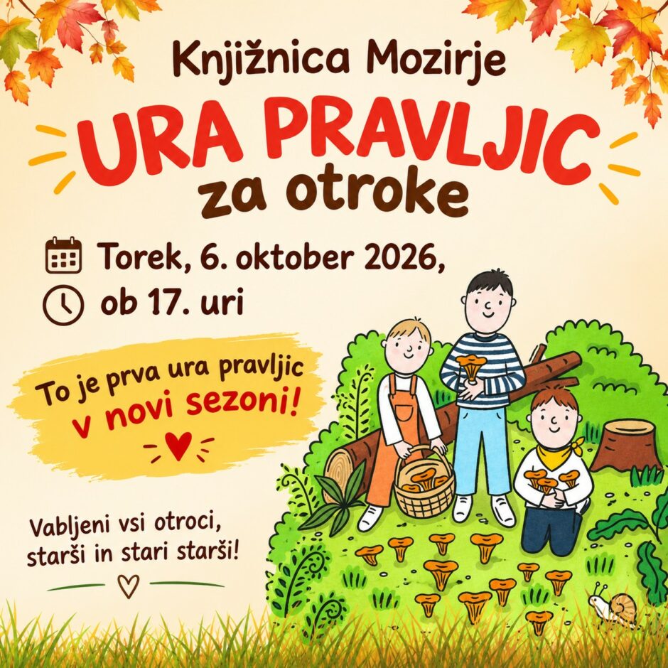 Povabilo na uro pravljic v Knjižnico Mozirje.