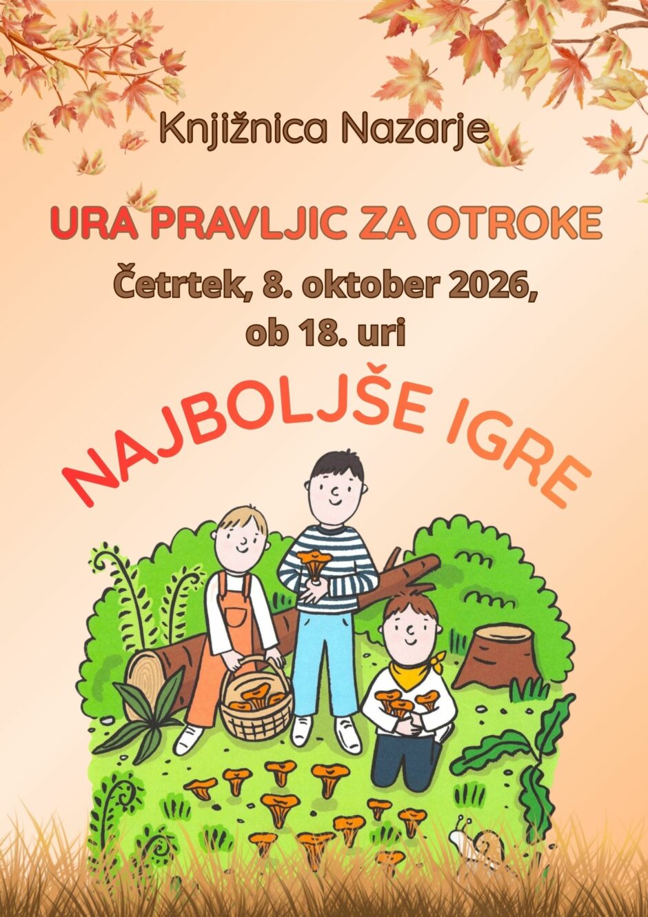 Vabilo na uro pravljic v Knjižnico Nazarje.