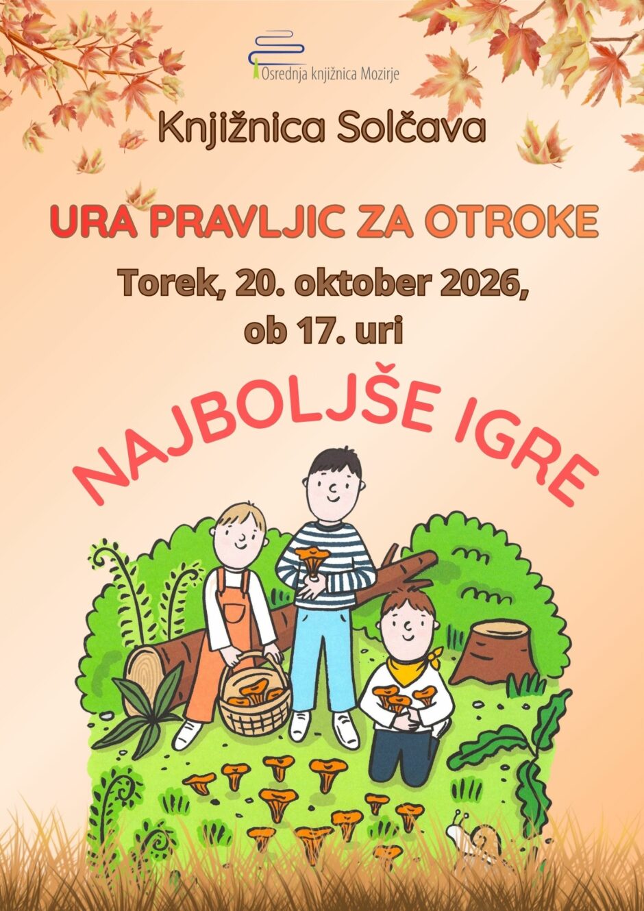 Plakat za uro pravljic v Knjižnici Solčava