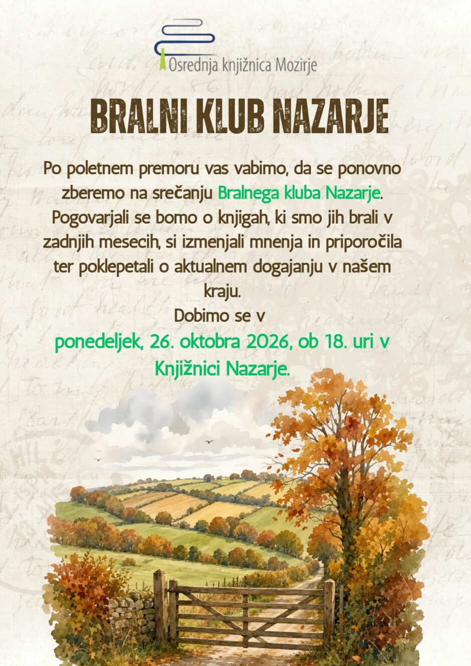 Vabilo na Bralni klub Nazarje.